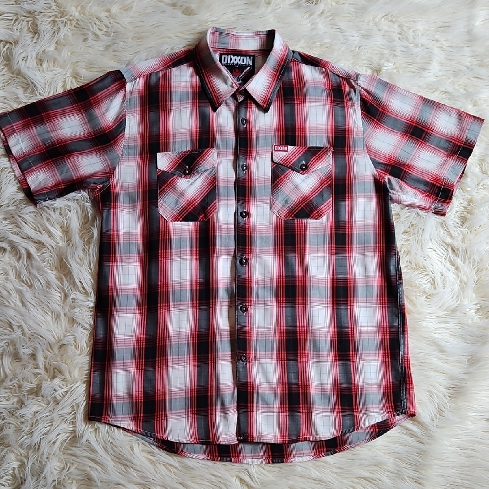 DIXXON Men's Red, Black, and White Plaid Shirt